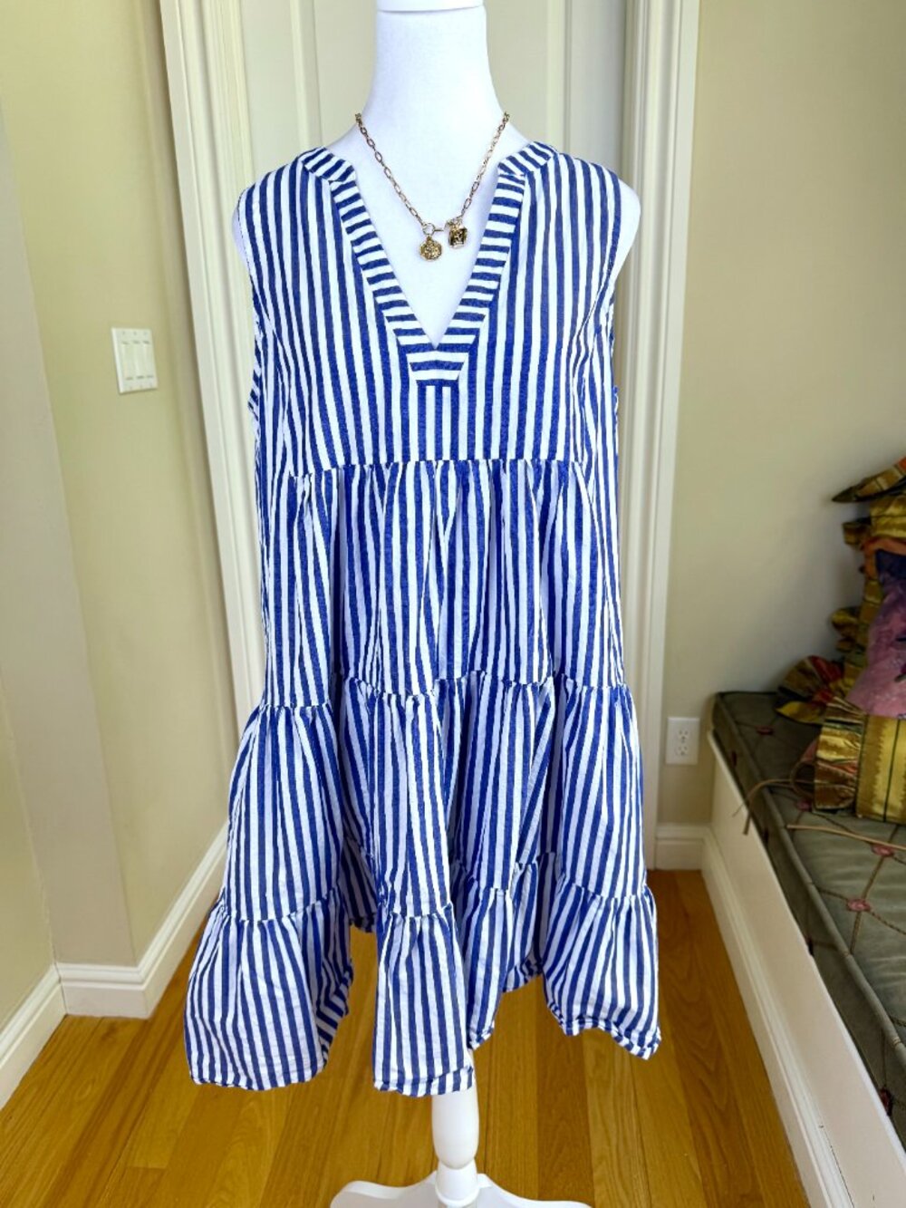 Pomander Place Navy and White Striped V-Neck Tiered Mini Dress - Picture 3 of 9